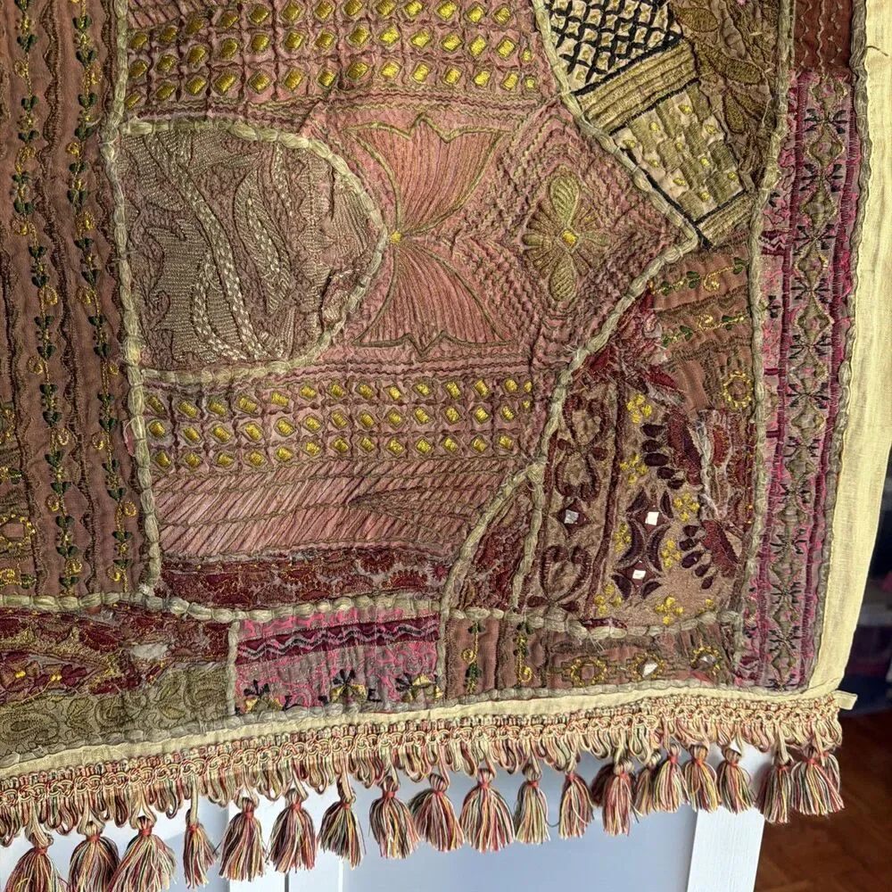 Vtg Indian Sari Patchwork Tapestry Wall Hanging Embroidered Zari Mirror 47x25
